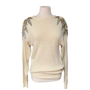 Vintage Nilani sequin shoulder cream colored sweater size petite small
